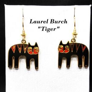 Vintage Laurel Burch "Tiger" Drop Earrings, Gold Plated, Black Red Enamel, 2005